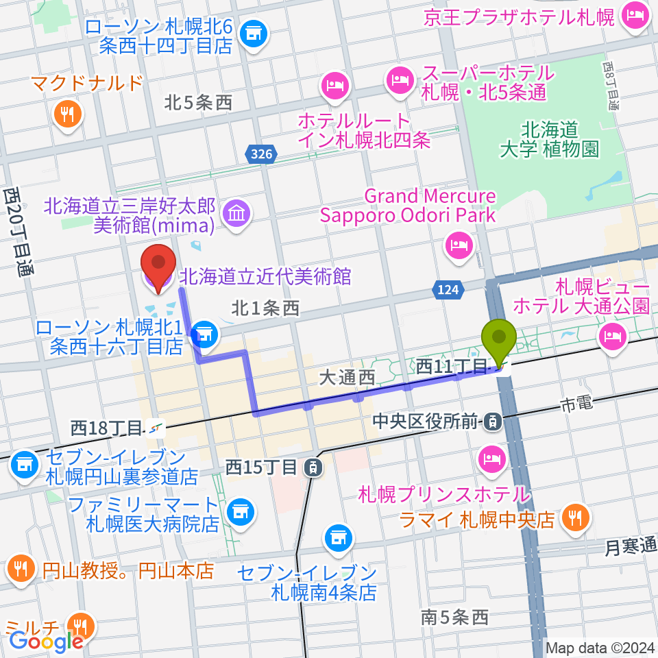 西１１丁目駅から北海道立近代美術館へのルートマップ地図