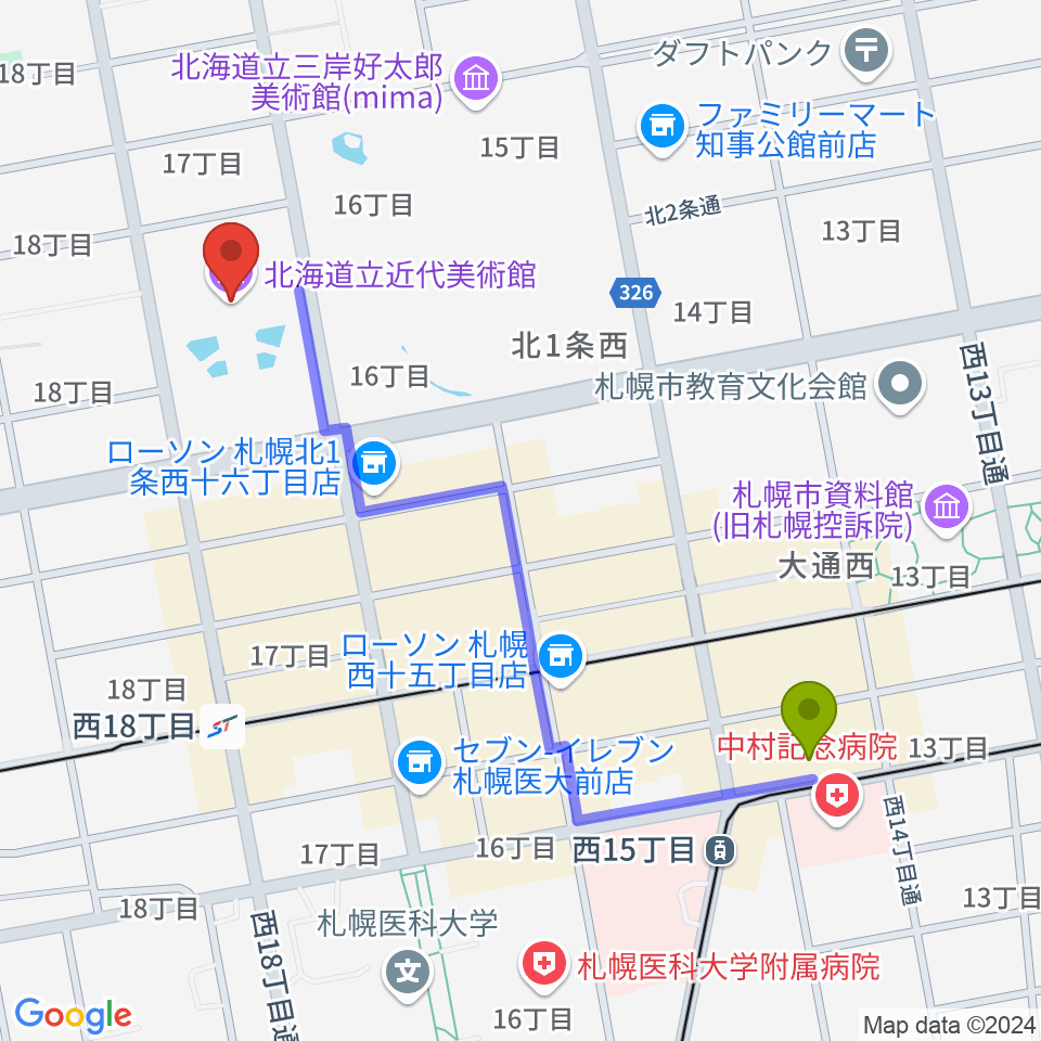 西１５丁目駅から北海道立近代美術館へのルートマップ地図