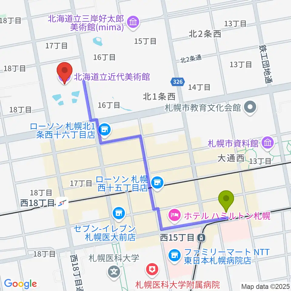 西１５丁目駅から北海道立近代美術館へのルートマップ地図