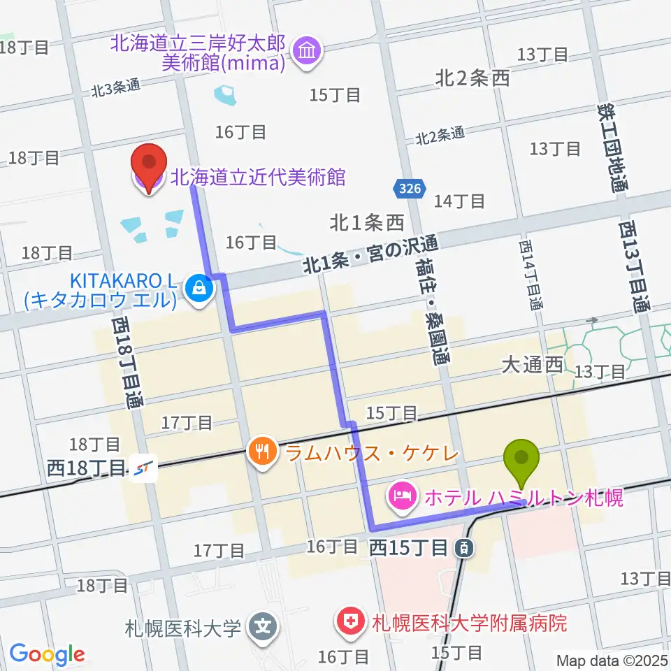 西１５丁目駅から北海道立近代美術館へのルートマップ地図