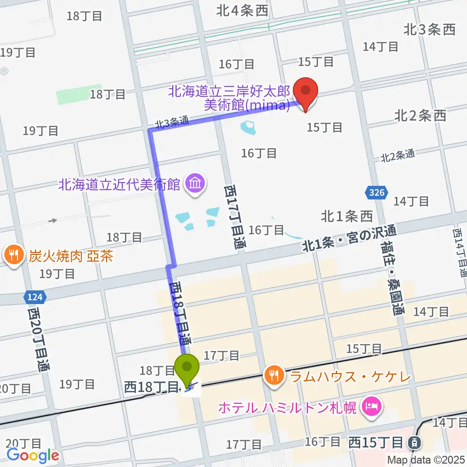 mima 北海道立三岸好太郎美術館の最寄駅西１８丁目駅からの徒歩ルート（約9分）地図