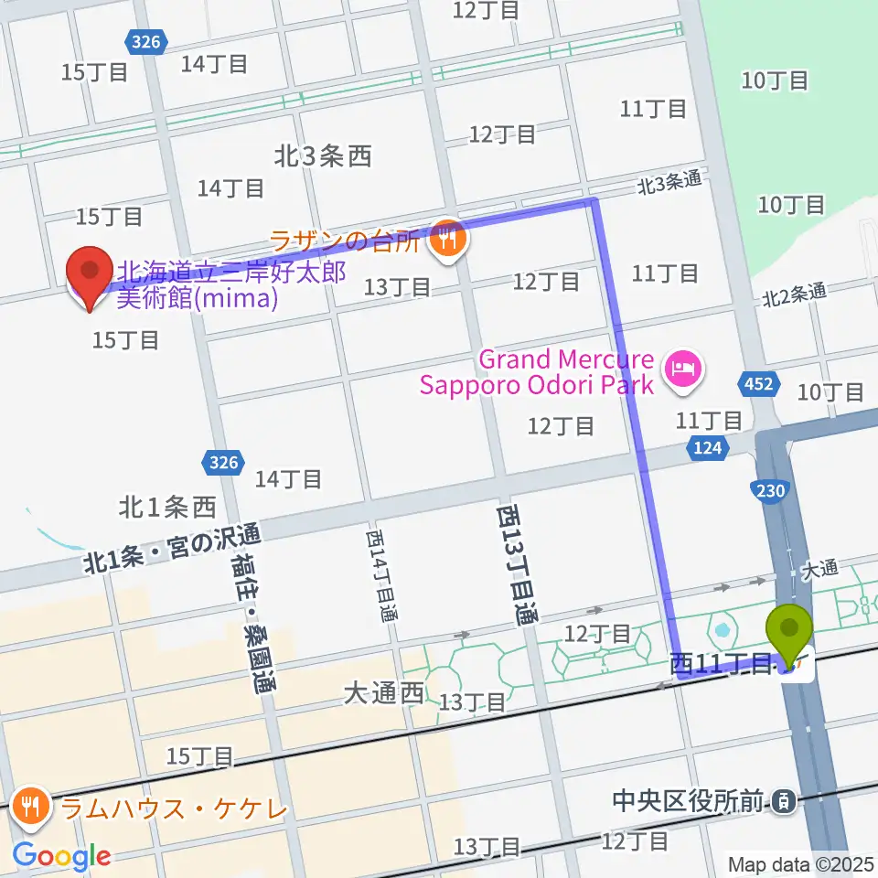 西１１丁目駅からmima 北海道立三岸好太郎美術館へのルートマップ地図
