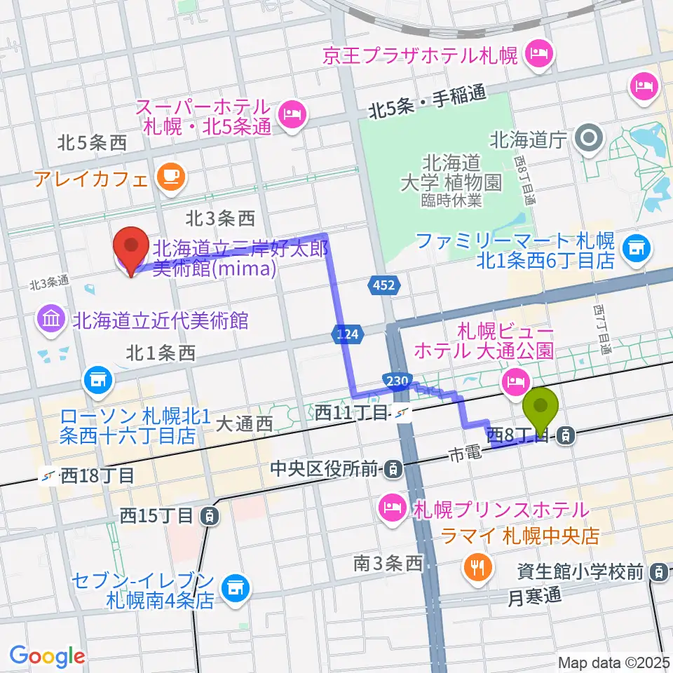 西８丁目駅からmima 北海道立三岸好太郎美術館へのルートマップ地図