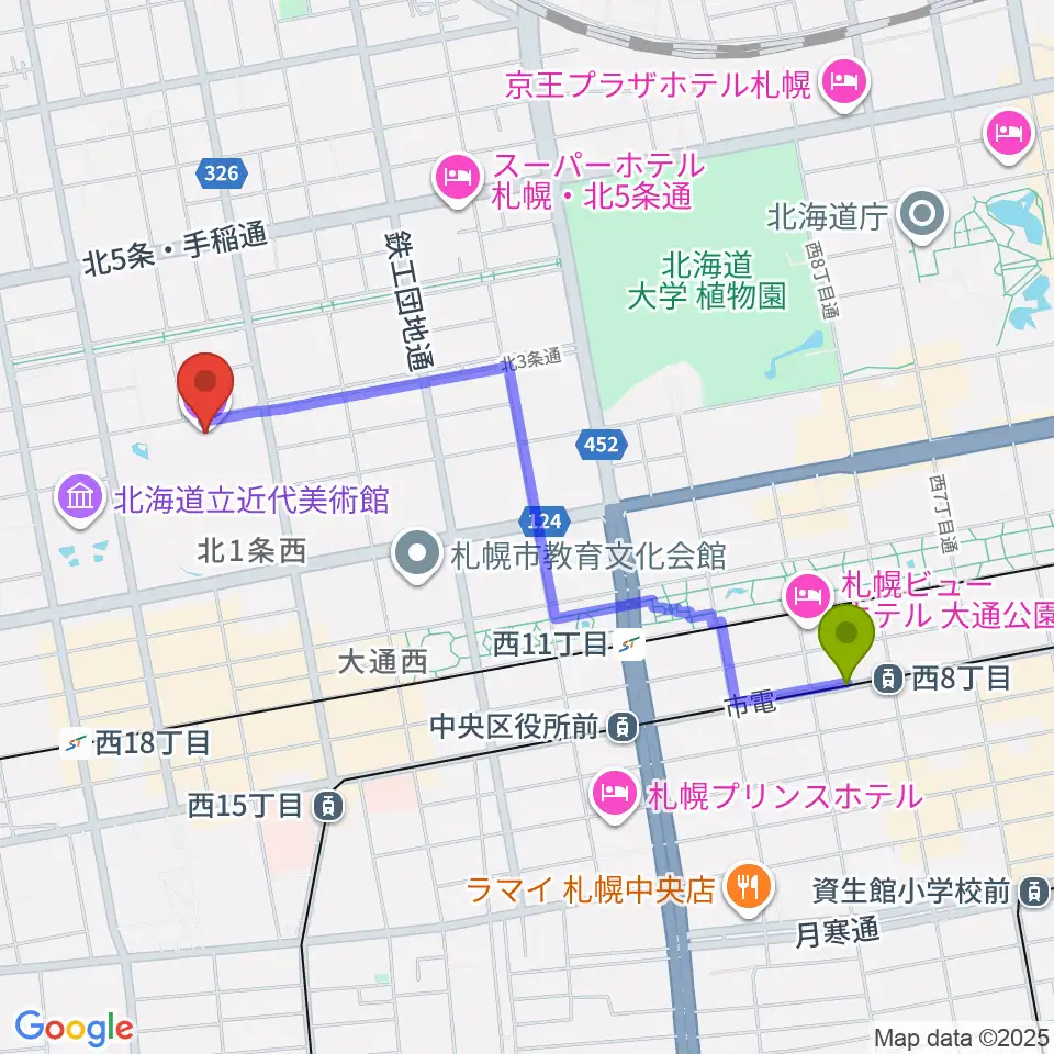 西８丁目駅からmima 北海道立三岸好太郎美術館へのルートマップ地図