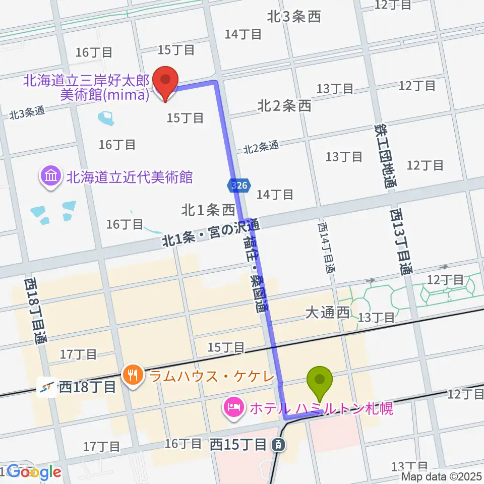 西１５丁目駅からmima 北海道立三岸好太郎美術館へのルートマップ地図