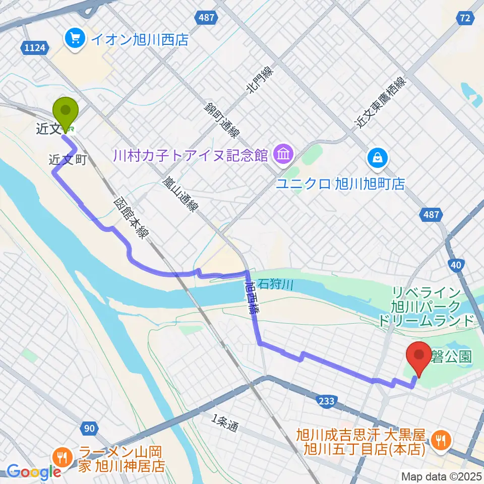 近文駅から北海道立旭川美術館へのルートマップ地図