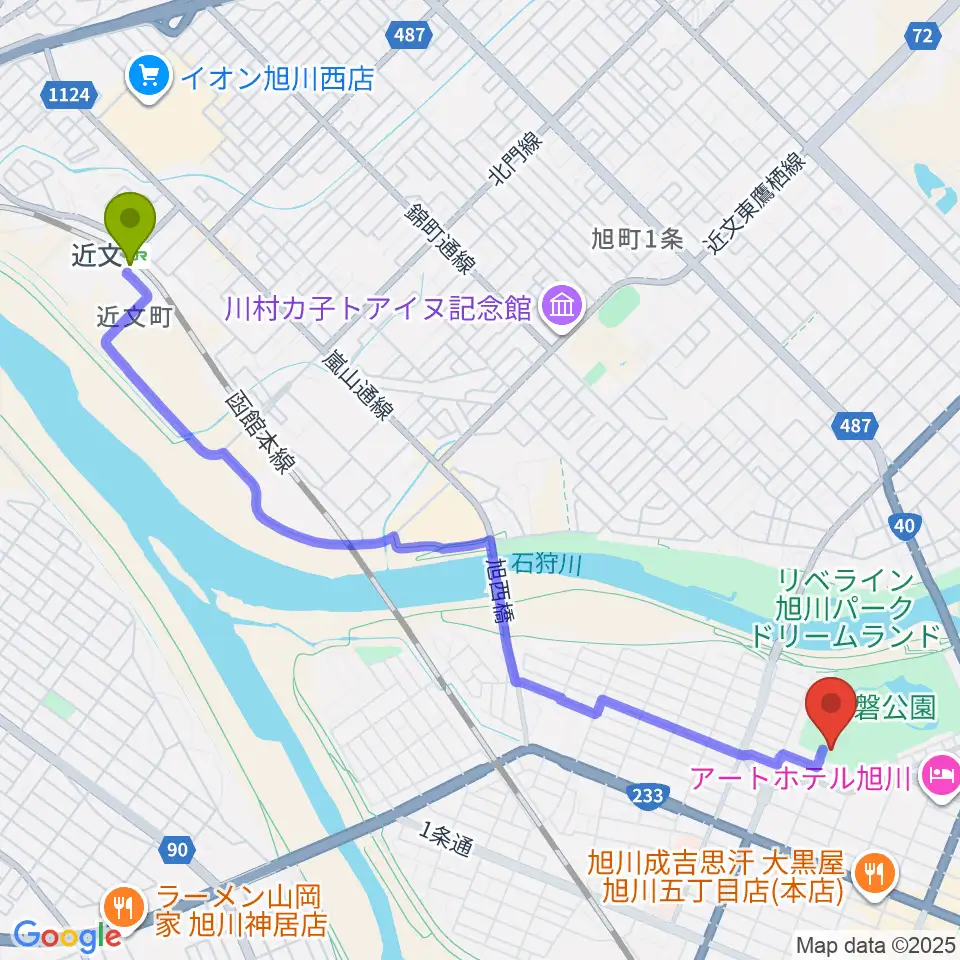 近文駅から北海道立旭川美術館へのルートマップ地図