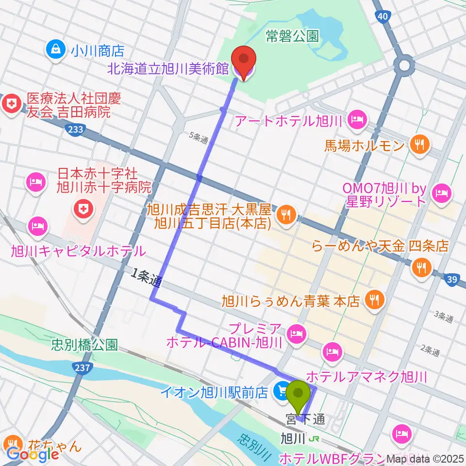 北海道立旭川美術館の最寄駅旭川駅からの徒歩ルート（約20分）地図