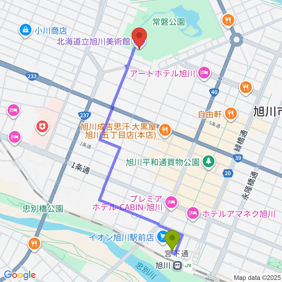 北海道立旭川美術館の最寄駅旭川駅からの徒歩ルート（約20分）地図