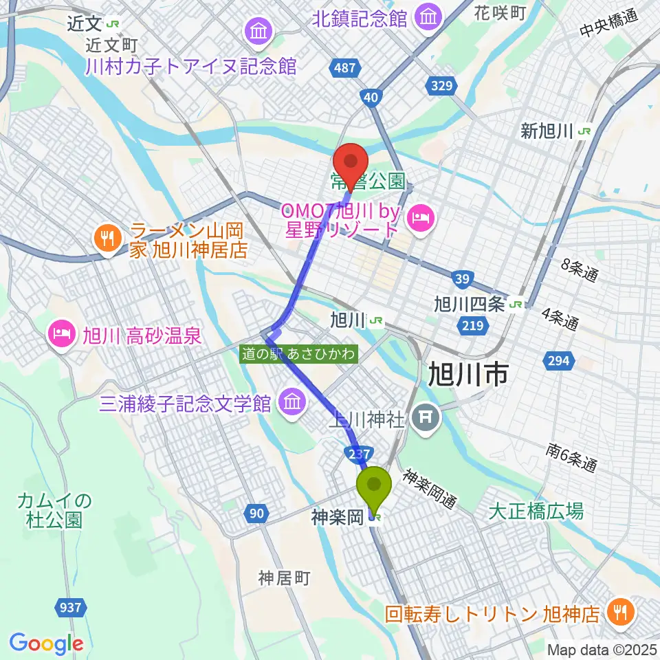 神楽岡駅から北海道立旭川美術館へのルートマップ地図
