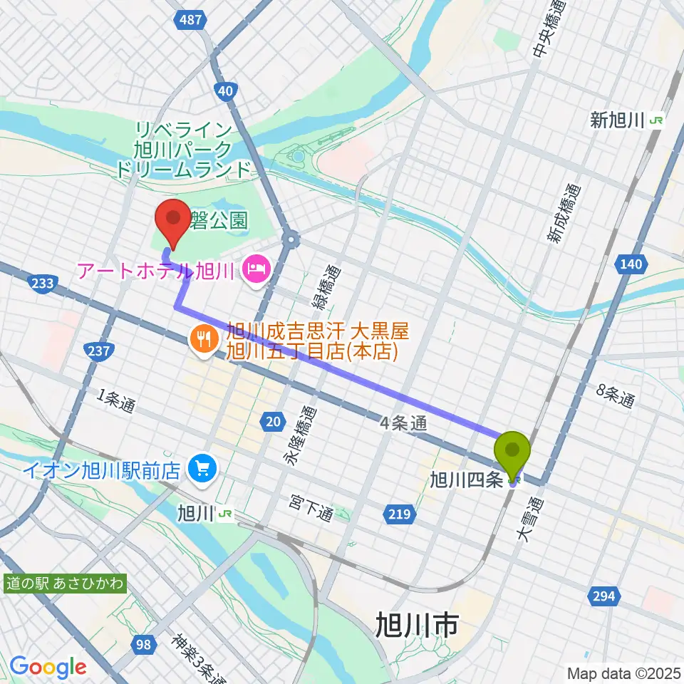 旭川四条駅から北海道立旭川美術館へのルートマップ地図