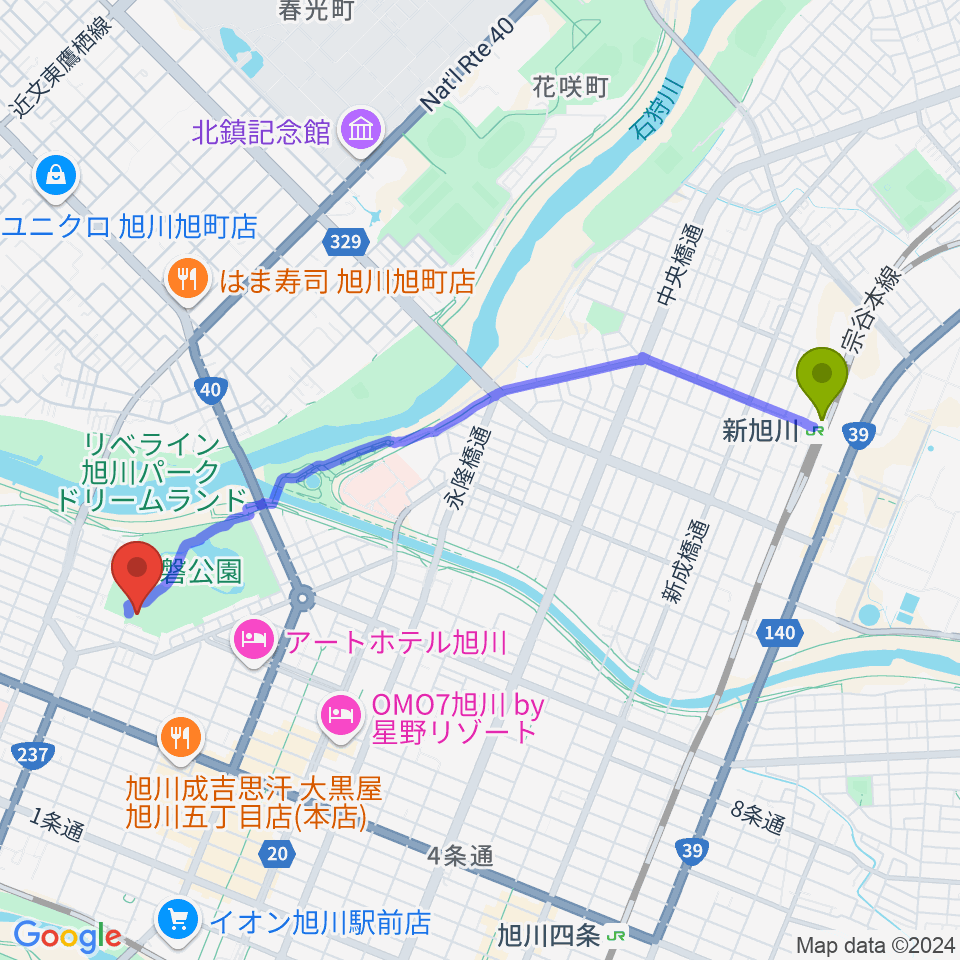 新旭川駅から北海道立旭川美術館へのルートマップ地図