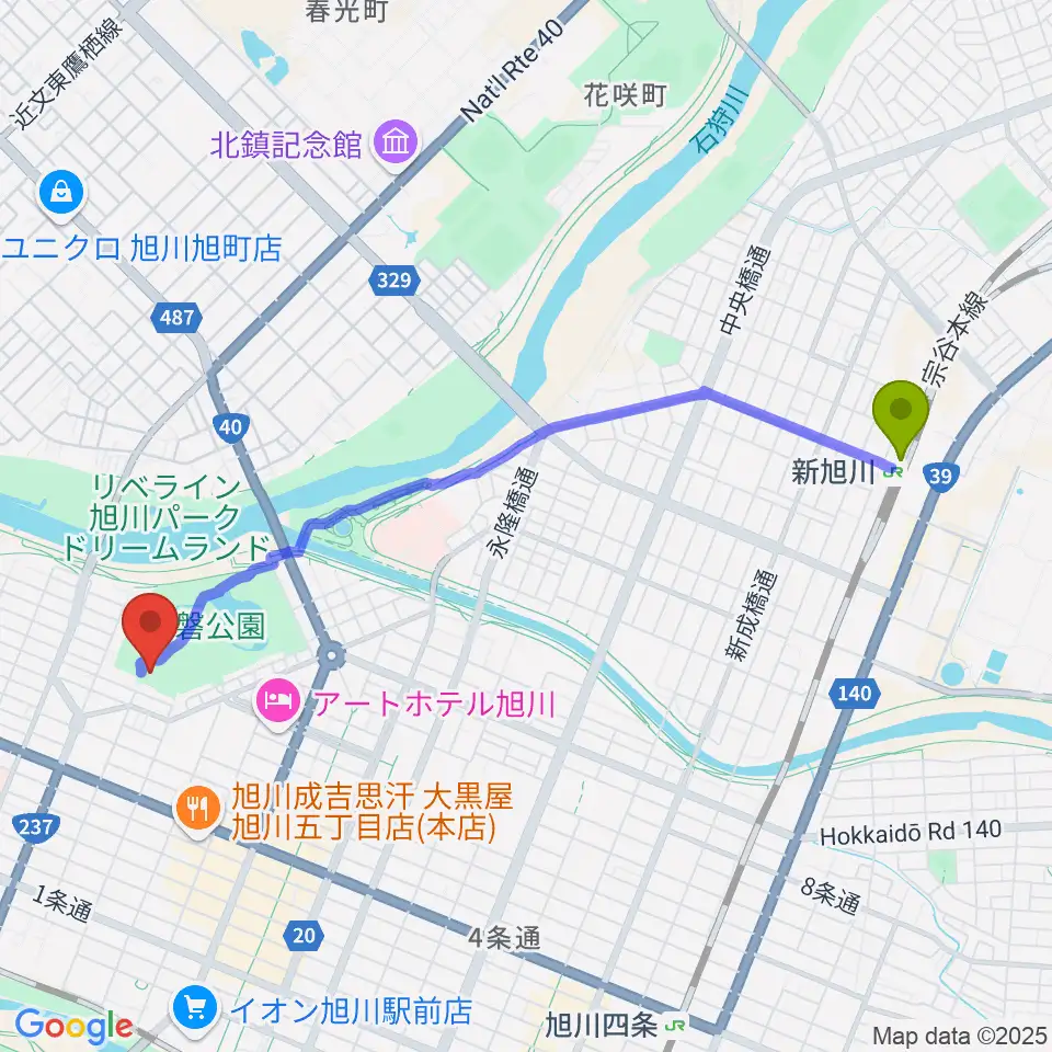 新旭川駅から北海道立旭川美術館へのルートマップ地図