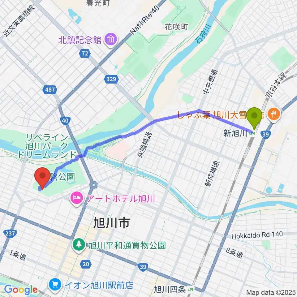新旭川駅から北海道立旭川美術館へのルートマップ地図