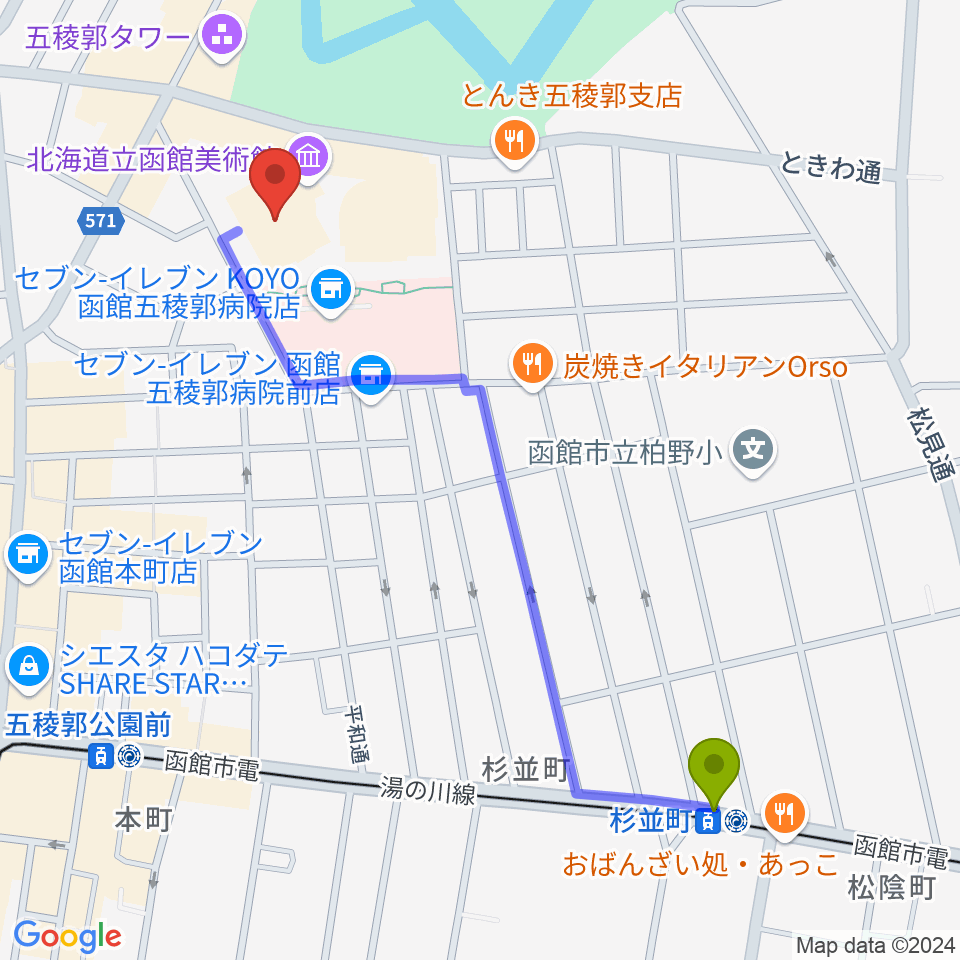 杉並町駅から北海道立函館美術館へのルートマップ地図