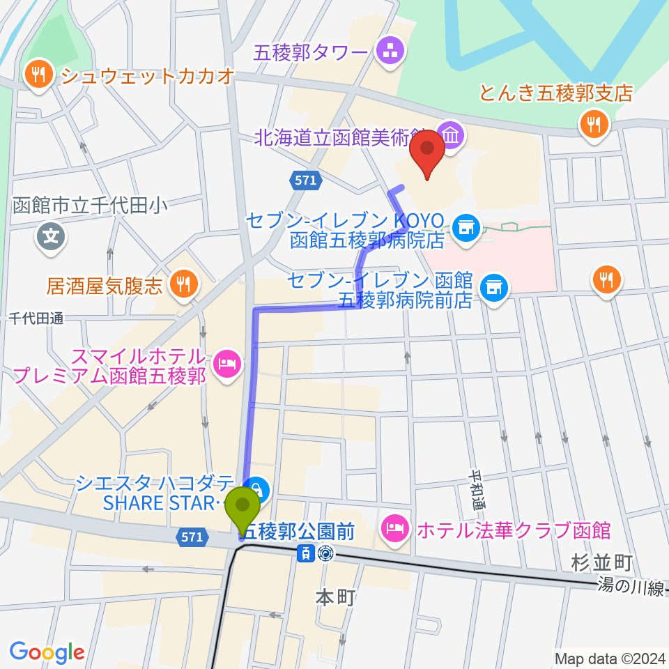 北海道立函館美術館の最寄駅五稜郭公園前駅からの徒歩ルート（約9分）地図