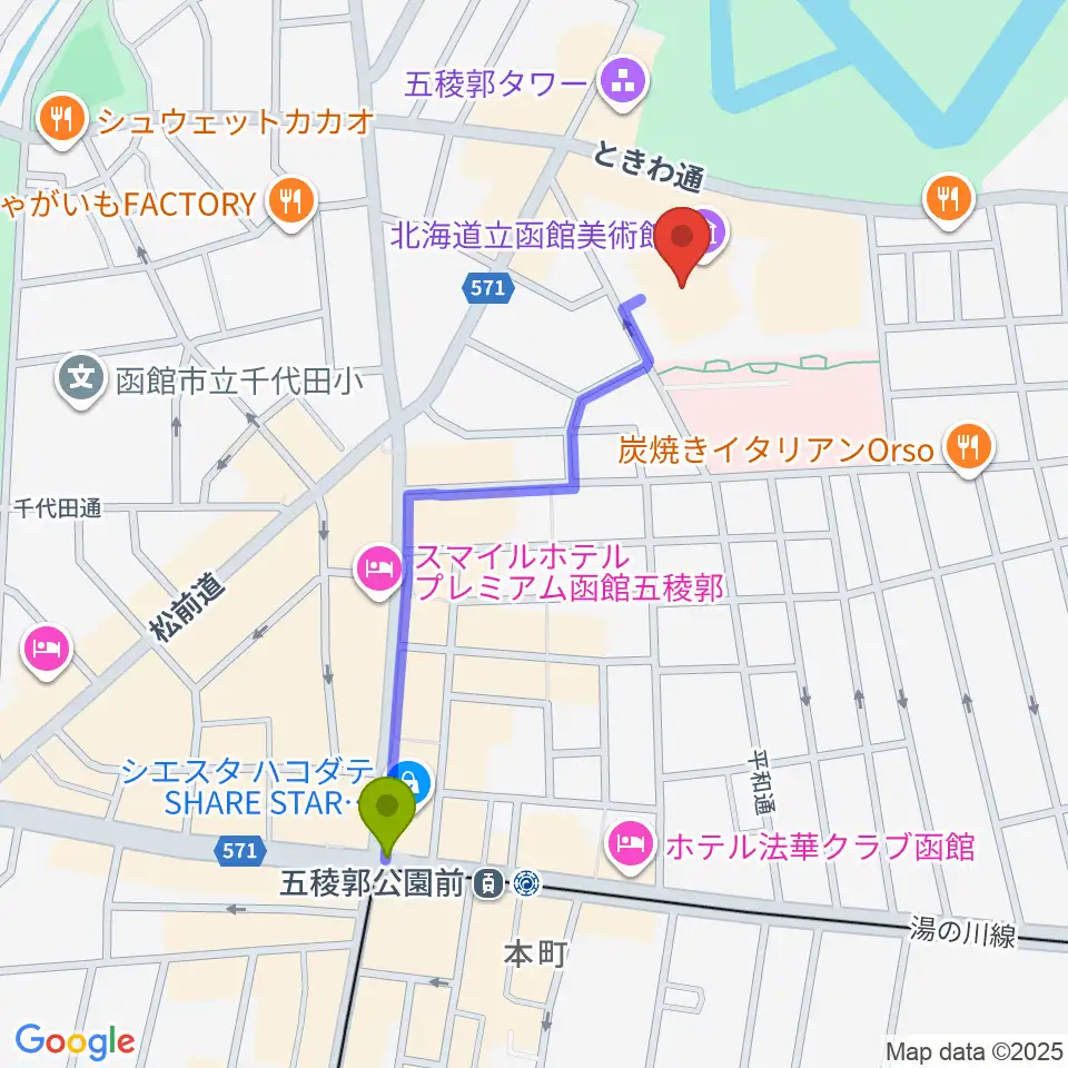 北海道立函館美術館の最寄駅五稜郭公園前駅からの徒歩ルート（約9分）地図