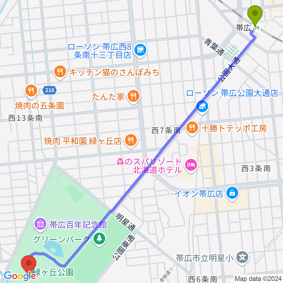 北海道立帯広美術館の最寄駅帯広駅からの徒歩ルート（約33分）地図