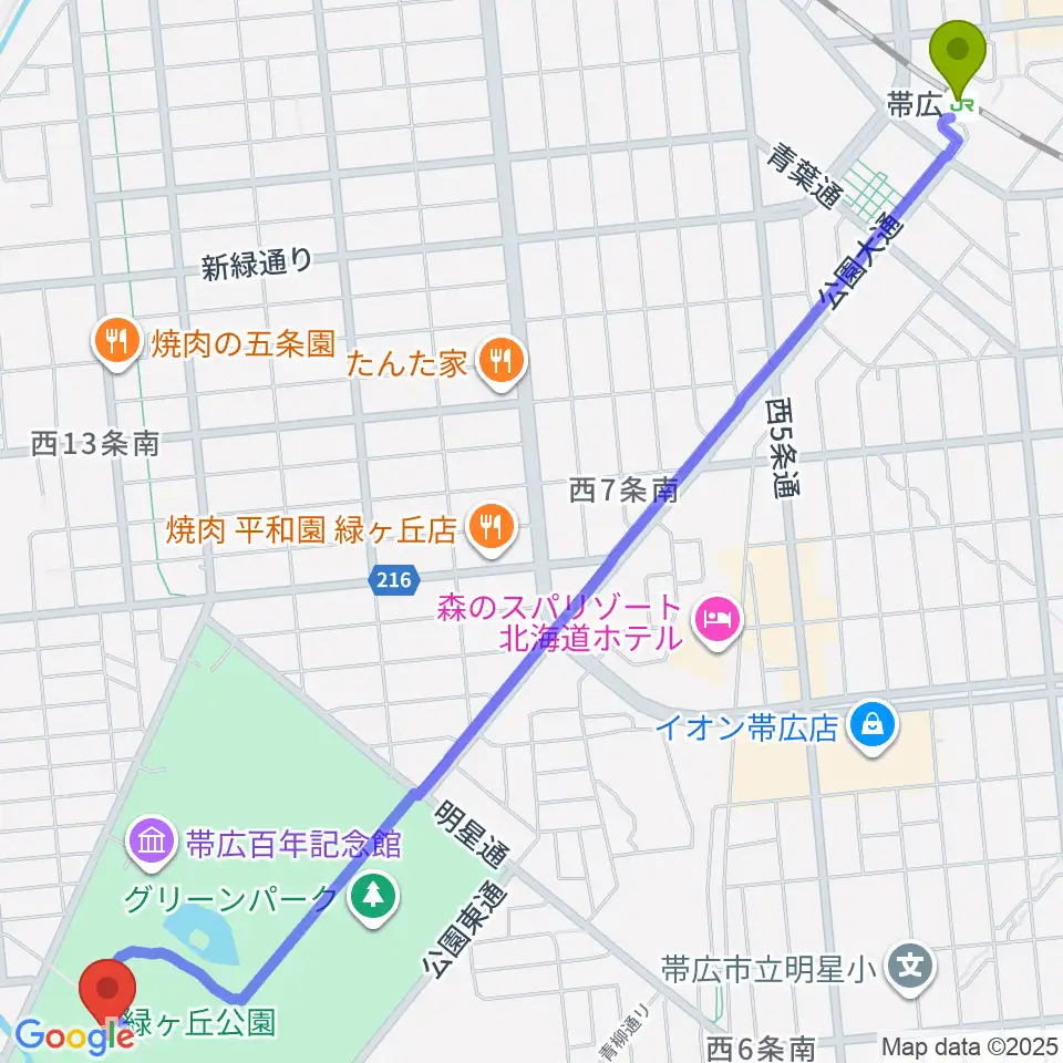 北海道立帯広美術館の最寄駅帯広駅からの徒歩ルート（約33分）地図