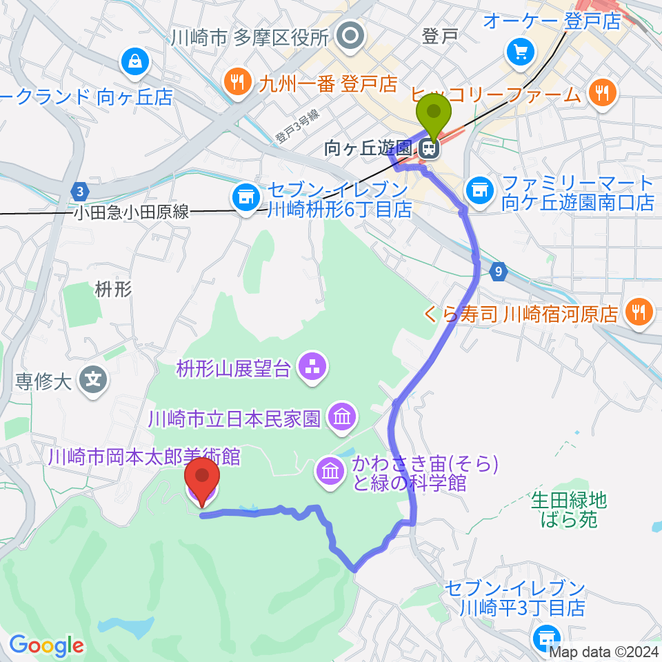 川崎市岡本太郎美術館の最寄駅向ヶ丘遊園駅からの徒歩ルート（約20分）地図