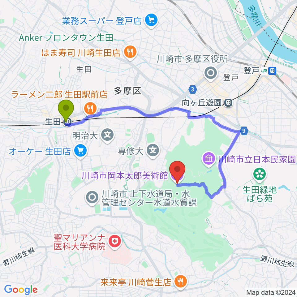 生田駅から川崎市岡本太郎美術館へのルートマップ地図