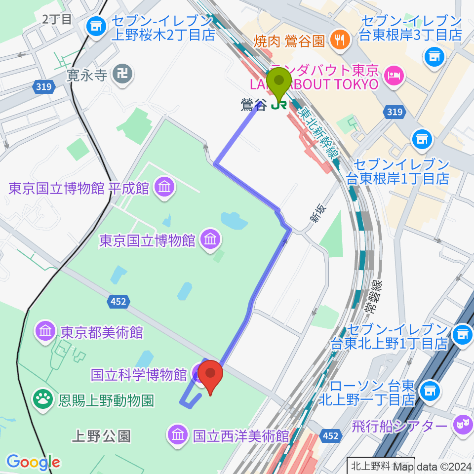 鶯谷駅から国立科学博物館へのルートマップ地図