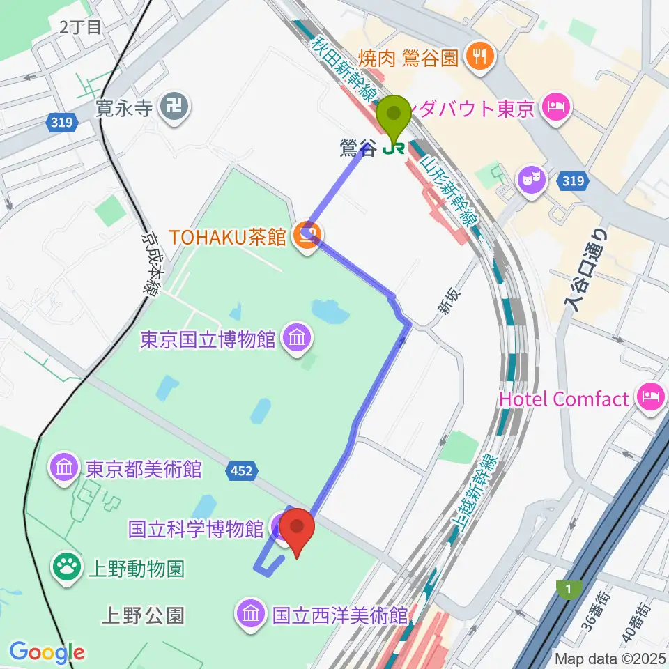 鶯谷駅から国立科学博物館へのルートマップ地図