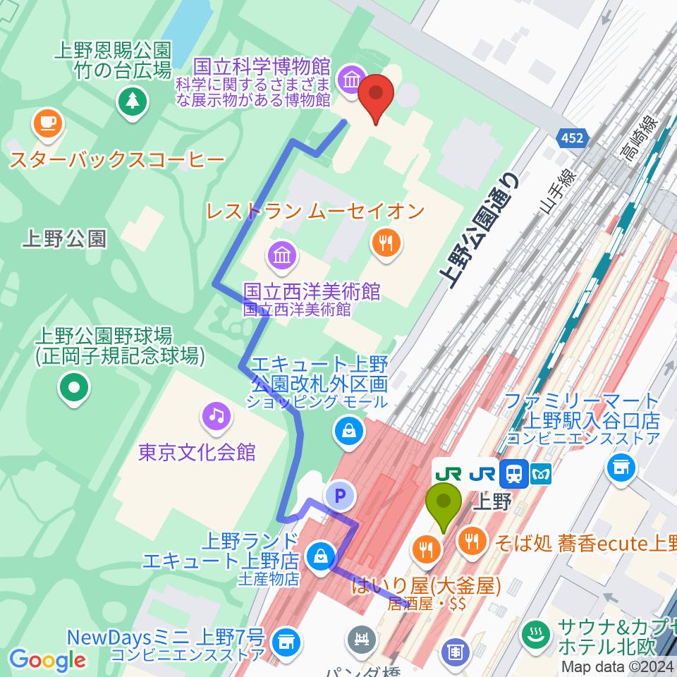 国立科学博物館の最寄駅上野駅からの徒歩ルート（約5分）地図