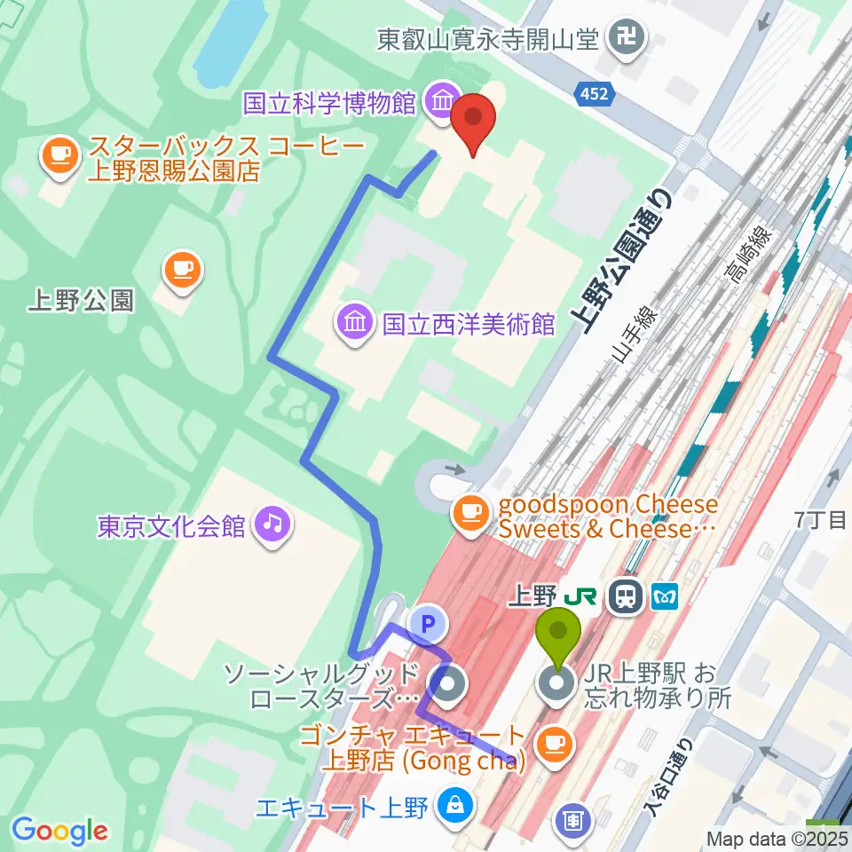 国立科学博物館の最寄駅上野駅からの徒歩ルート（約5分）地図
