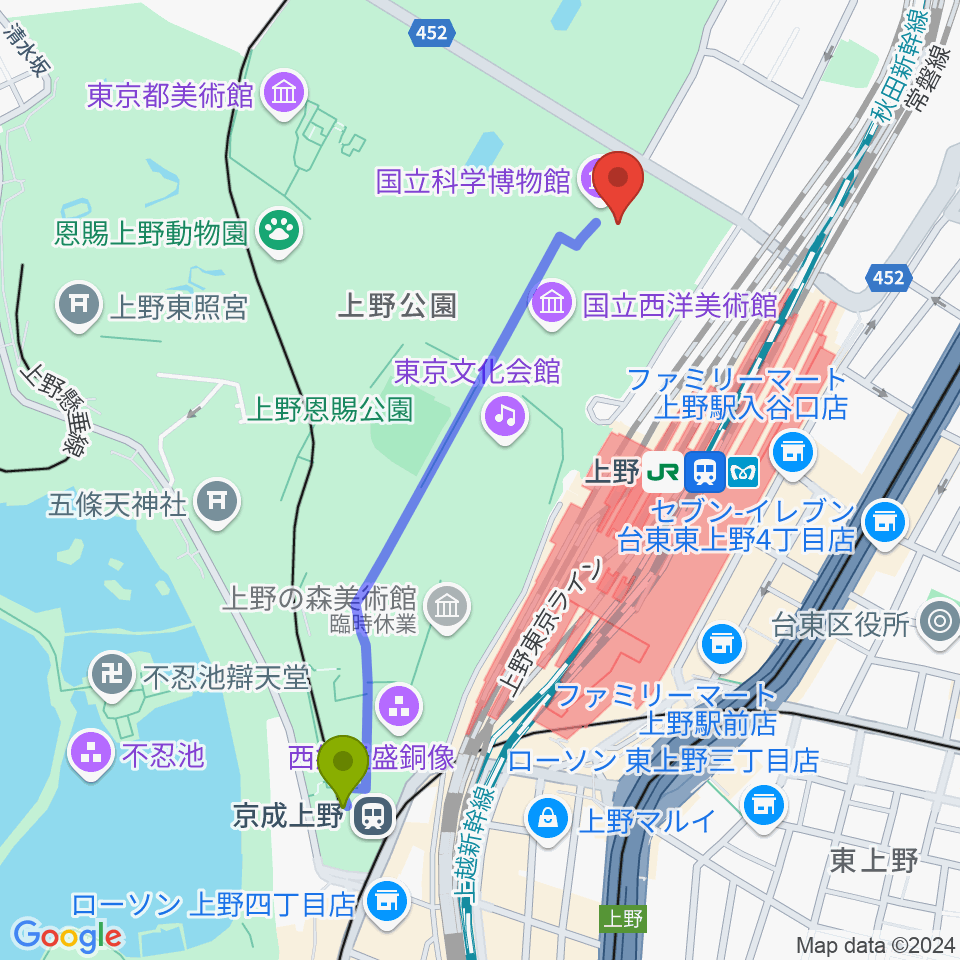 京成上野駅から国立科学博物館へのルートマップ地図