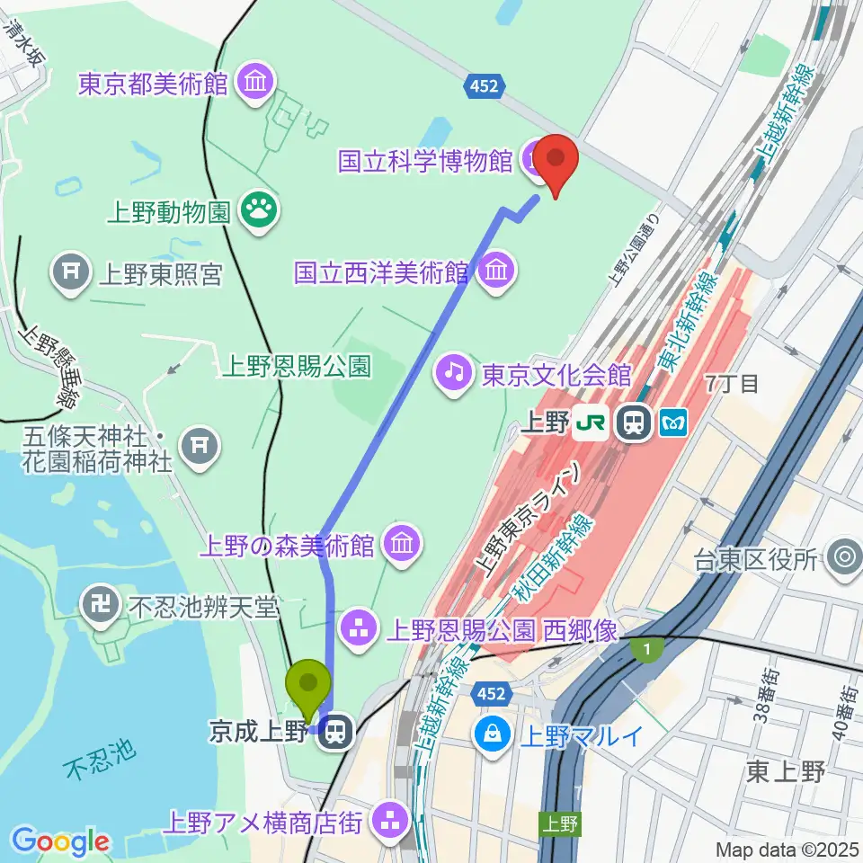 京成上野駅から国立科学博物館へのルートマップ地図