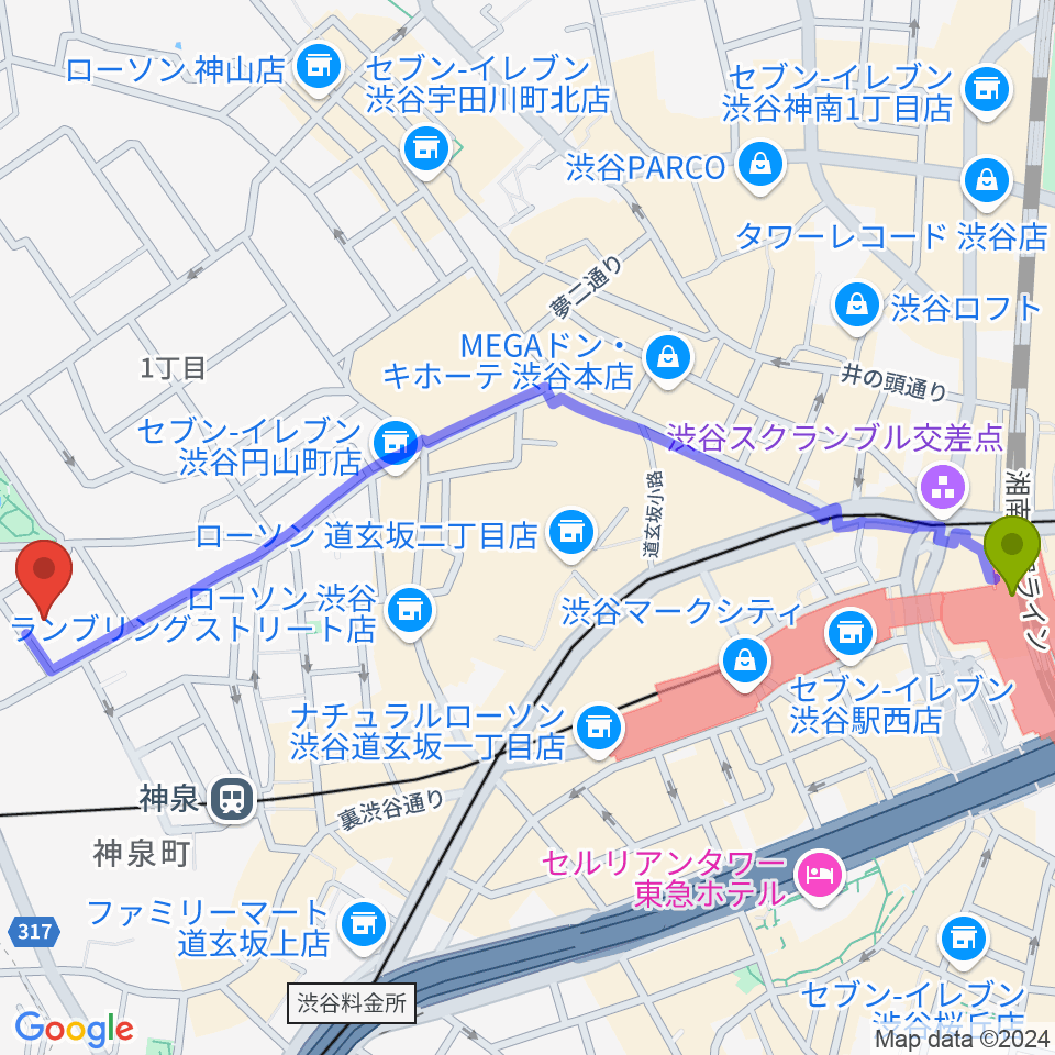 渋谷駅から渋谷区立松濤美術館へのルートマップ地図