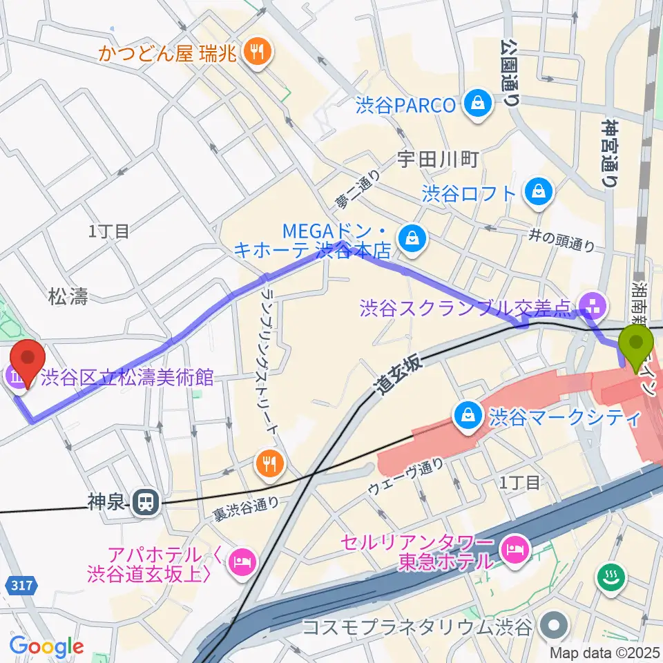 渋谷駅から渋谷区立松濤美術館へのルートマップ地図