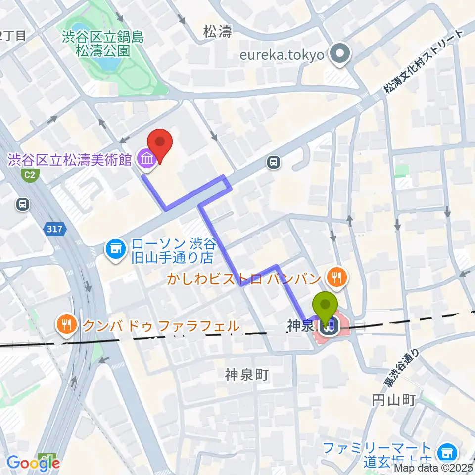 渋谷区立松濤美術館の最寄駅神泉駅からの徒歩ルート（約4分）地図