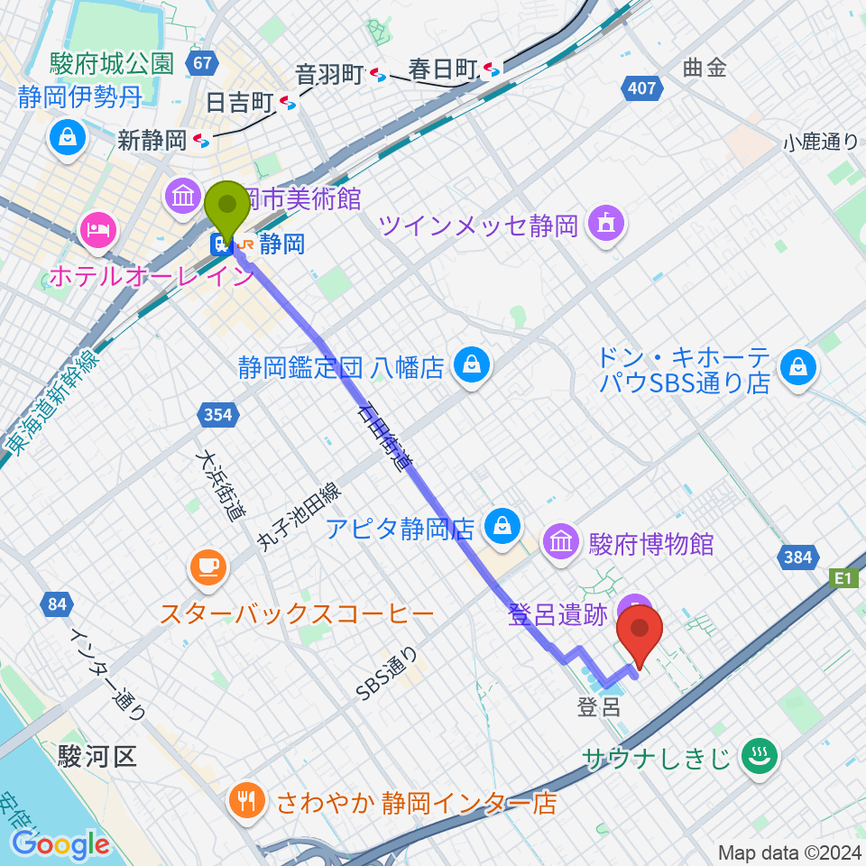 静岡市立芹沢銈介美術館の最寄駅静岡駅からの徒歩ルート（約43分）地図