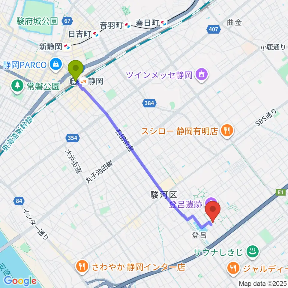 静岡市立芹沢銈介美術館の最寄駅静岡駅からの徒歩ルート（約43分）地図
