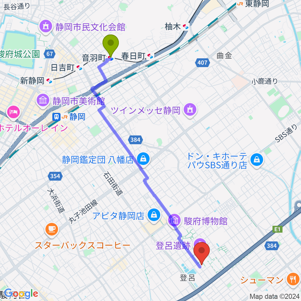 音羽町駅から静岡市立芹沢銈介美術館へのルートマップ地図