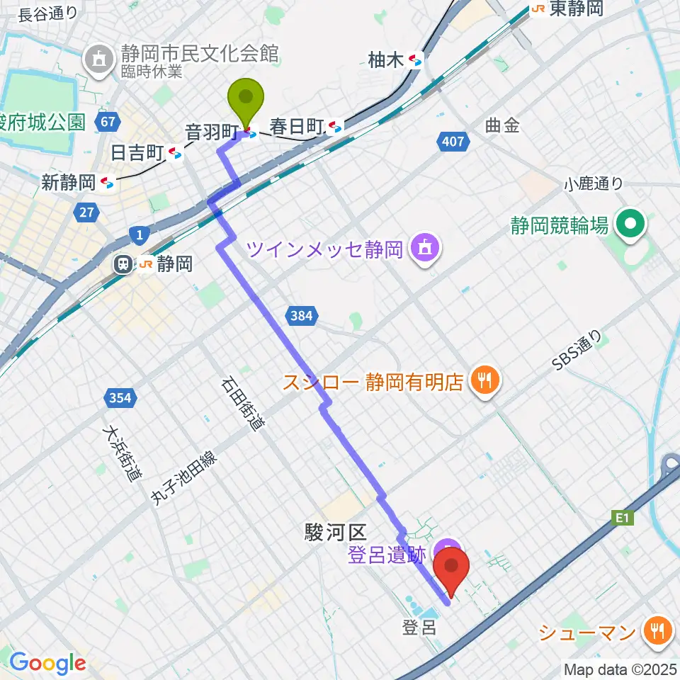 音羽町駅から静岡市立芹沢銈介美術館へのルートマップ地図
