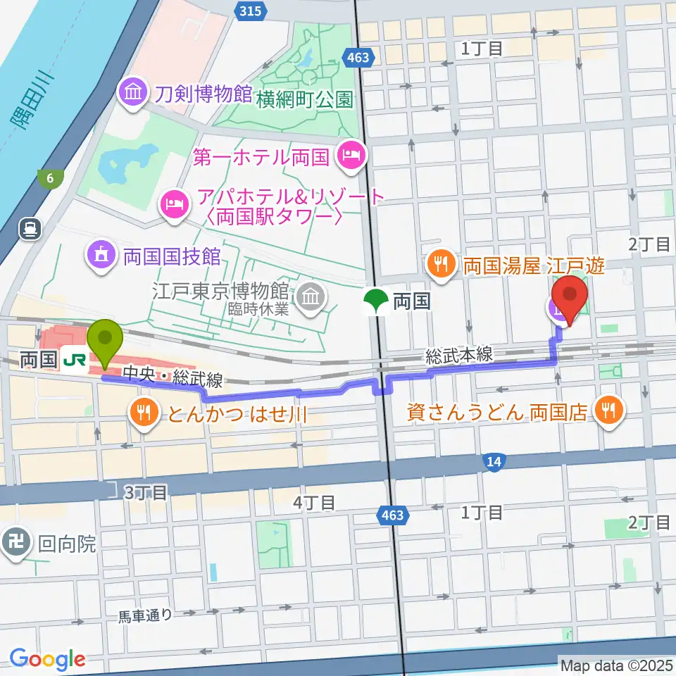 すみだ北斎美術館の最寄駅両国駅からの徒歩ルート（約11分）地図
