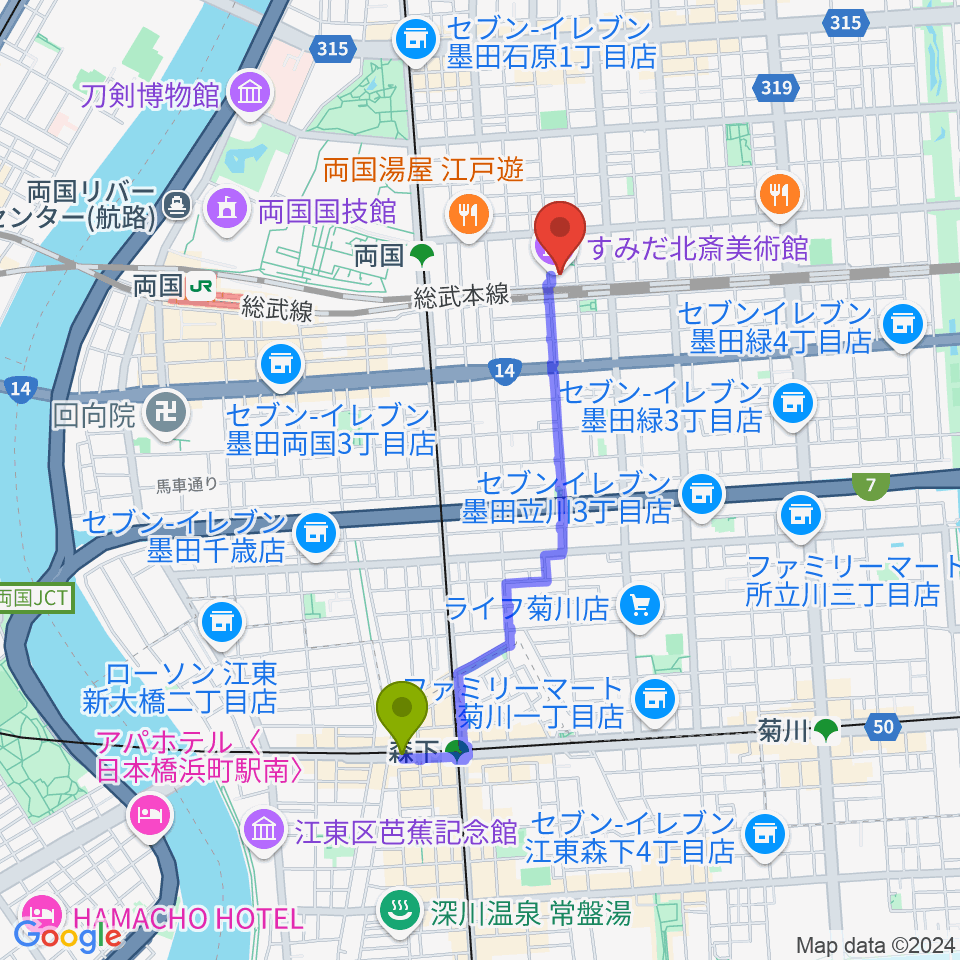 森下駅からすみだ北斎美術館へのルートマップ地図