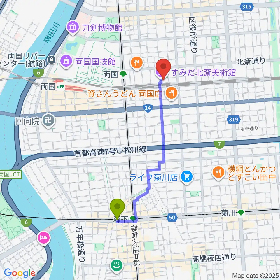 森下駅からすみだ北斎美術館へのルートマップ地図