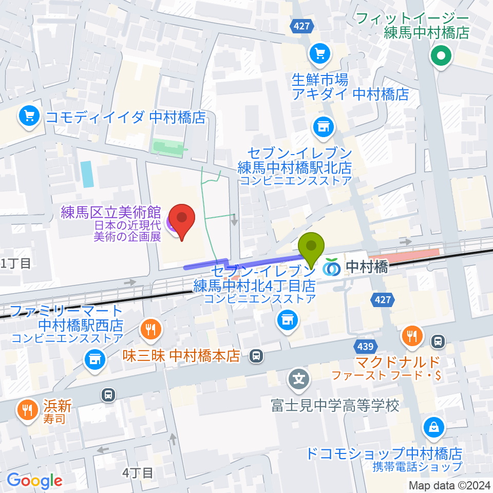 練馬区立美術館の最寄駅中村橋駅からの徒歩ルート（約2分）地図