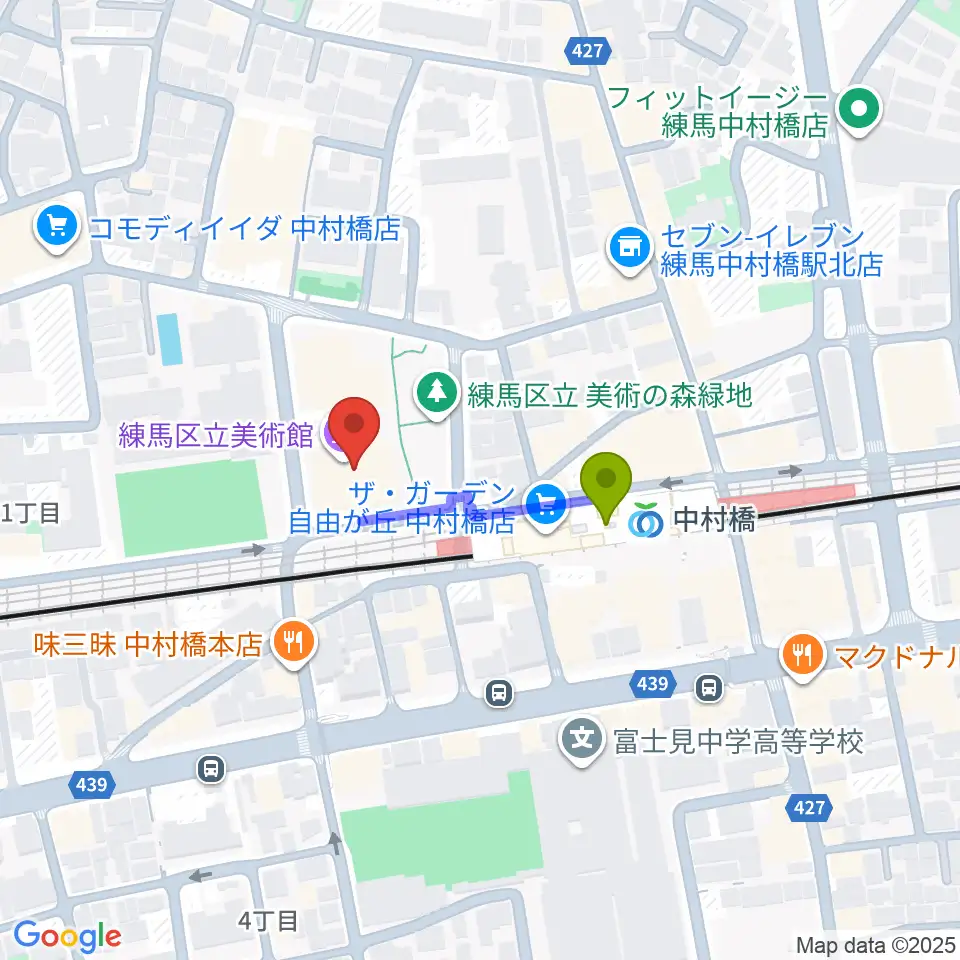 練馬区立美術館の最寄駅中村橋駅からの徒歩ルート（約2分）地図