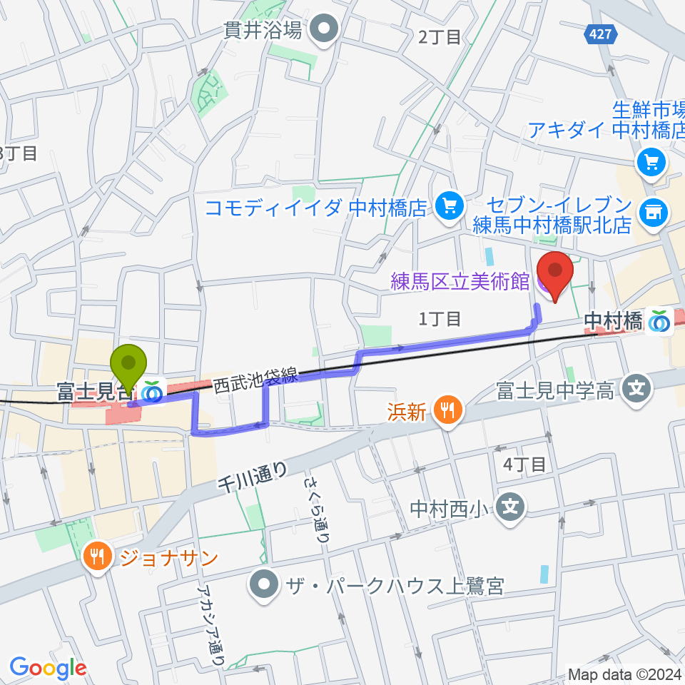 富士見台駅から練馬区立美術館へのルートマップ地図