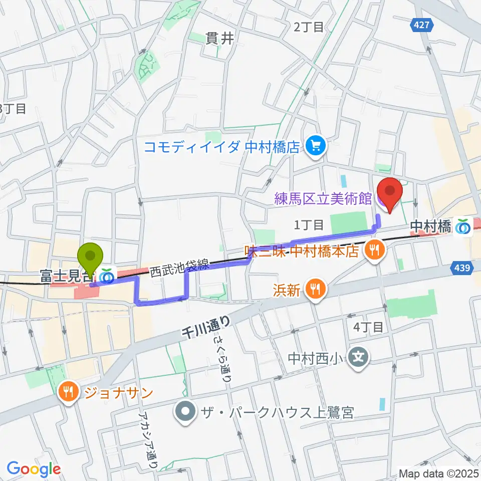富士見台駅から練馬区立美術館へのルートマップ地図