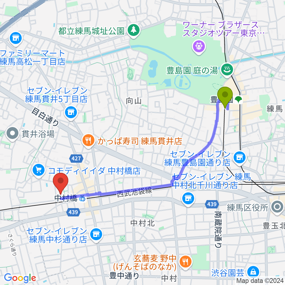 豊島園駅から練馬区立美術館へのルートマップ地図