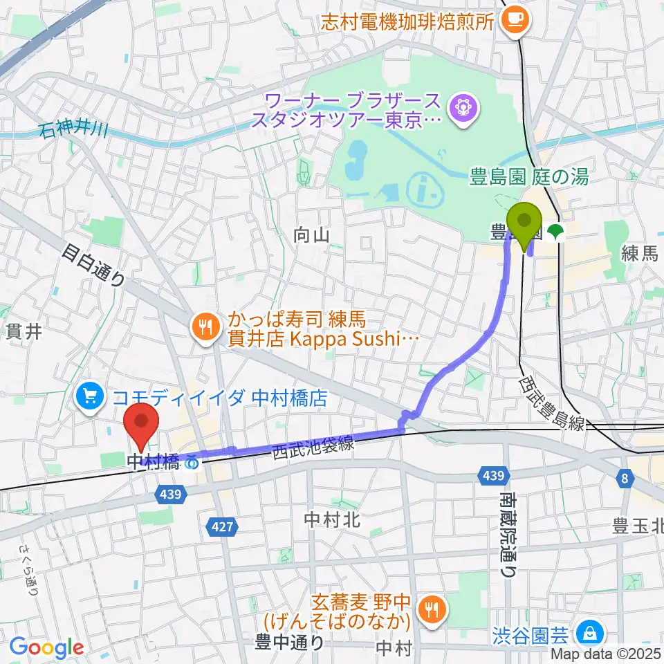 豊島園駅から練馬区立美術館へのルートマップ地図