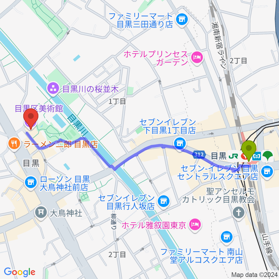 目黒区美術館の最寄駅目黒駅からの徒歩ルート（約12分）地図