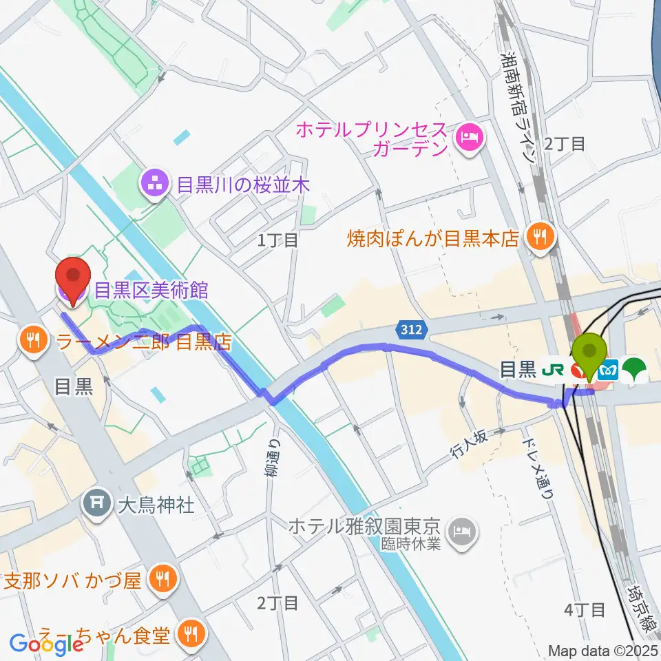 目黒区美術館の最寄駅目黒駅からの徒歩ルート（約12分）地図