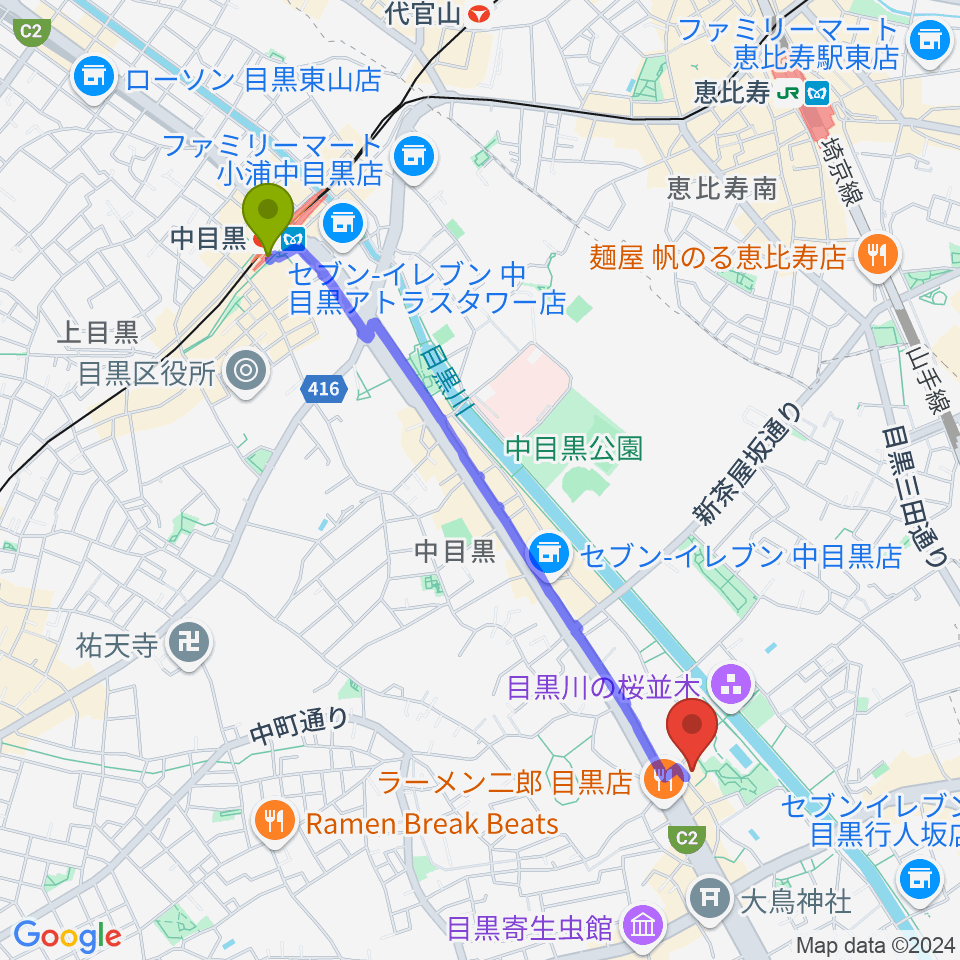 中目黒駅から目黒区美術館へのルートマップ地図